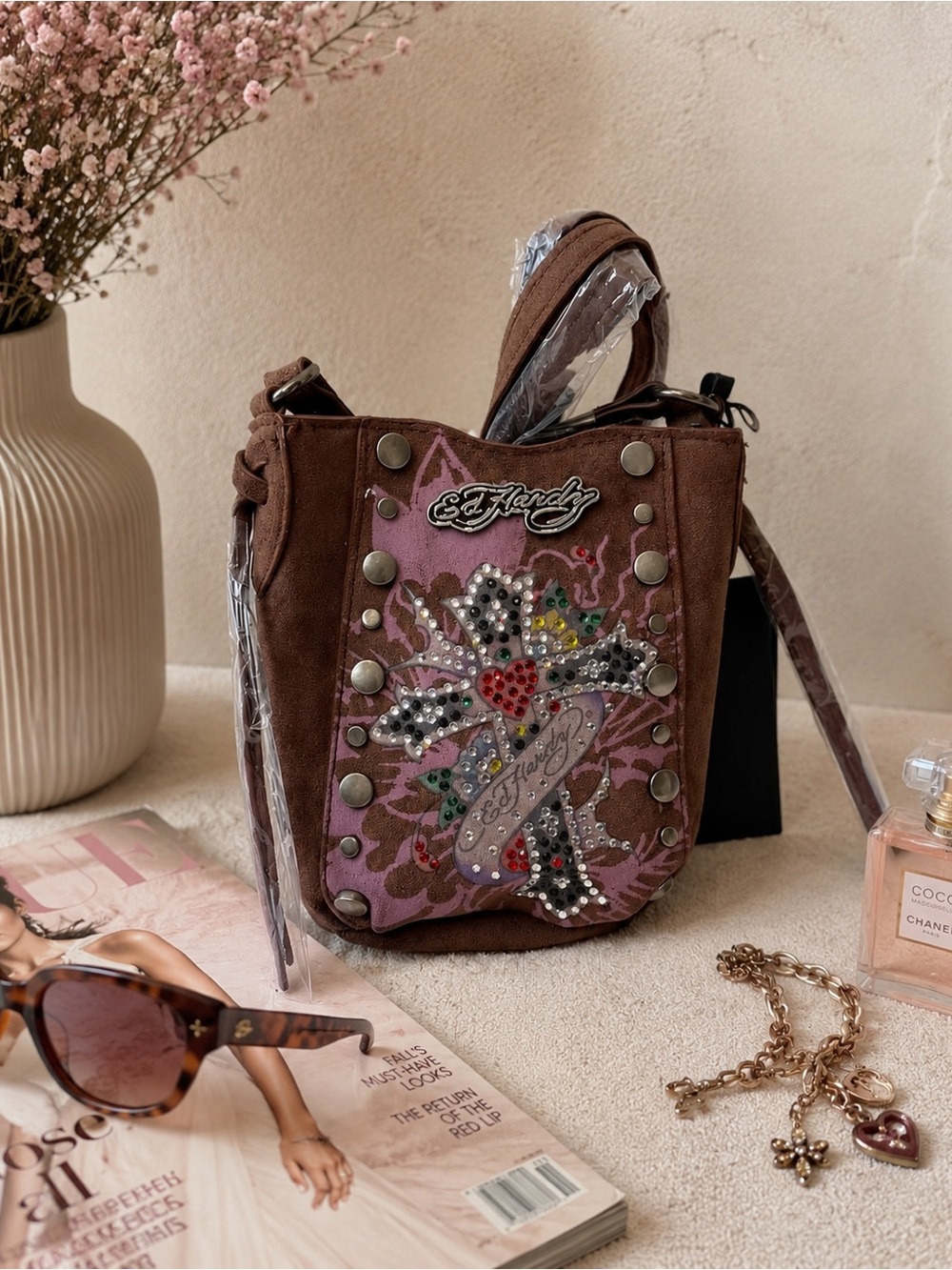 NWT Ed Hardy Brown Rhinestone Y2K Crossbody Purse